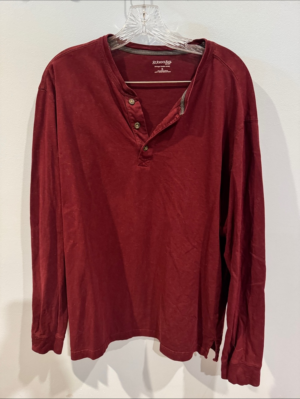 St. John's Bay Henley L/S Slub shirt in Maroon color, three-button placket XL